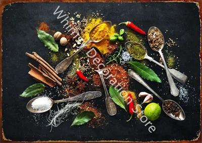 Kitchen Themed Wall Art Decor Colorful Spice and Spoon In Table Metal Tin Sign Food Cooking Ingredients Metal Art Print Decor