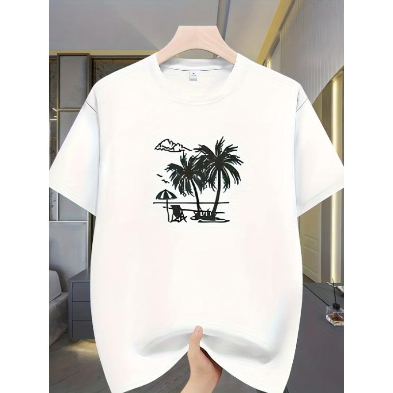 European Sizes Men's Round Neck Printed Beach Coconut Tree T-Shirt, Trendy and Fashionable , Breathable and Sweat-absorbent