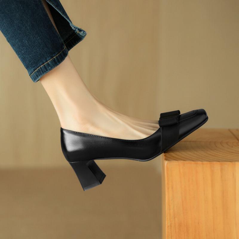 New low-top shallow single shoes casual high heels black square head one-pedal lazy shoes wear women's leather shoes in all seasons