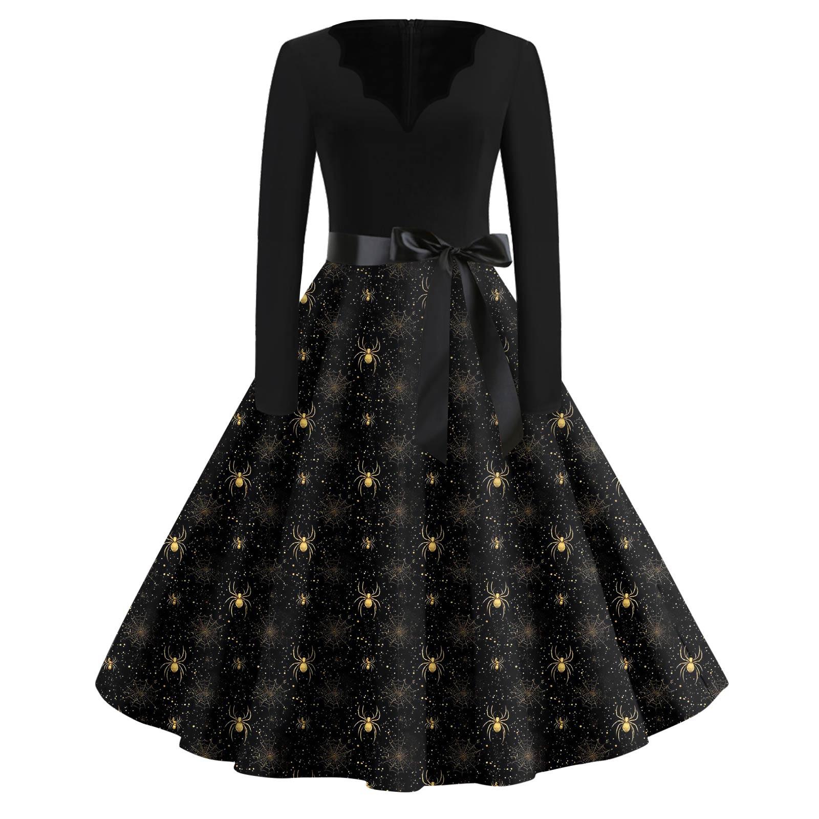 Women s Fashion V-Neck Casual Slim Halloween Printed Long Sleeve Dresses L