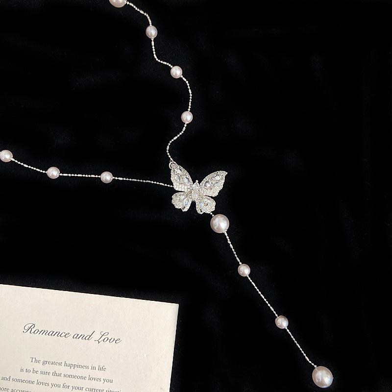 Bead Butterfly Tassel Necklace Light Luxury High Sense Stacking Wear Long Thin Collarbone Chain Necklace