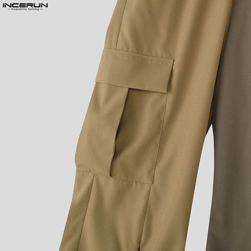 INCERUN Men Zip-up High Waist Stitching Bandage Casual Long Flare Trousers Pants