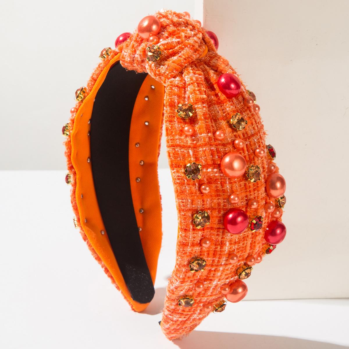 European American Classic Fashion Style Beaded Rhinestone Mesh Fabric Headband Versatile Outdoor Hair Accessory for Women оранжевый