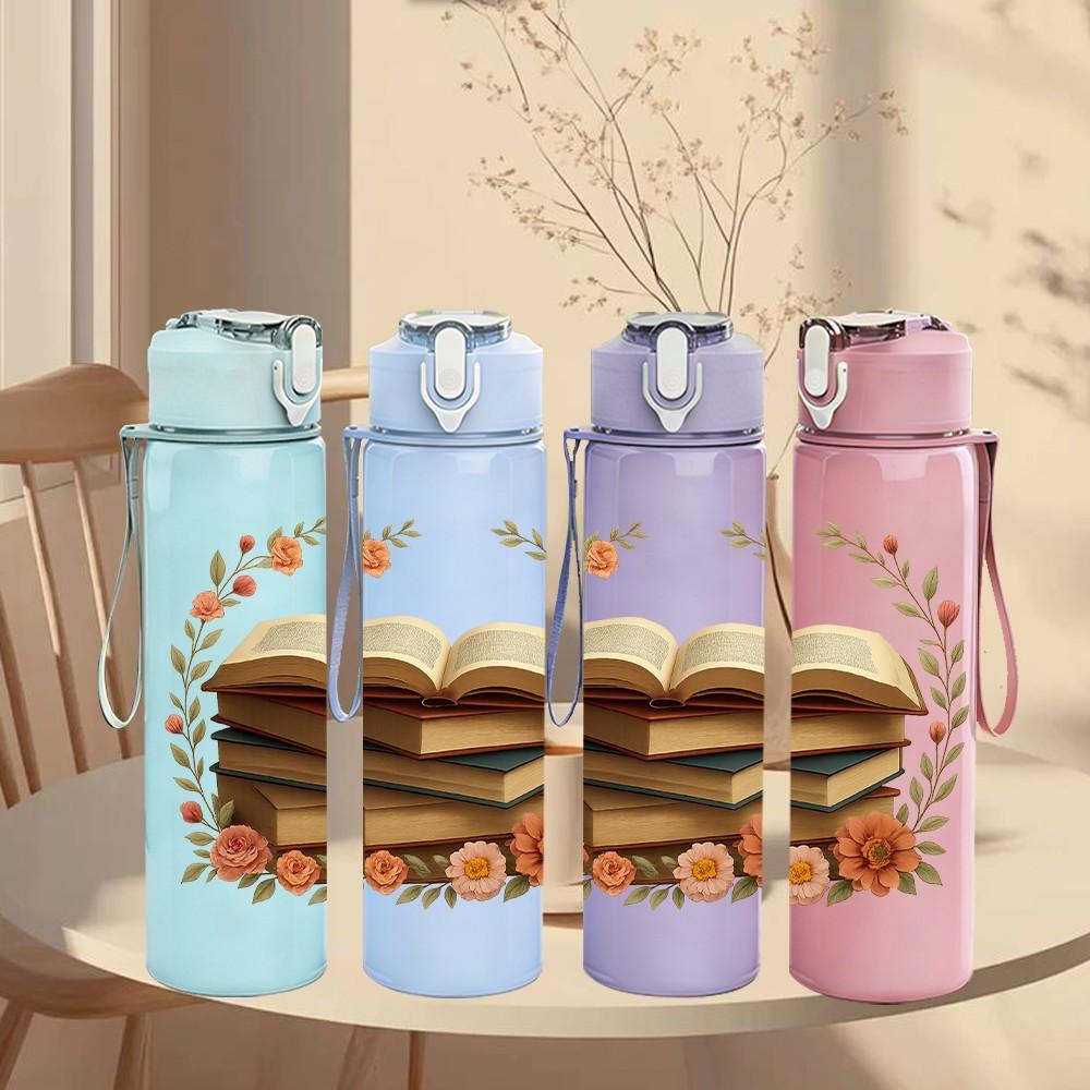 1PC Book Wreath Floral Frame Layout 750ml Color Plastic Sports Water Bottle Leakproof Flip Straw Lid For Sports Office Home Use