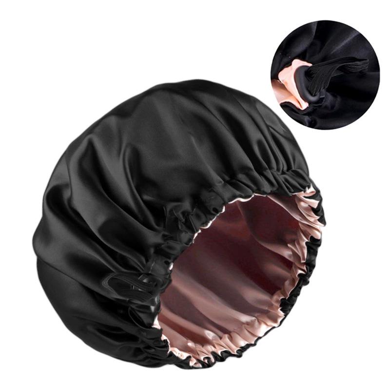 1pc Double Layer Adjustable Satin Bonnet Solid Color Elastic Button for Women Hair Hat Nightcap Silky Satin Fabric