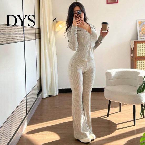 Women Lounge Wear Set Women's 2 Piece Sweatsuits Zip Up Hoodies And Bell Tracksuit Bottom Pants Ribbed Knit Outfits Sexy Bodycon Workout Tracksuits