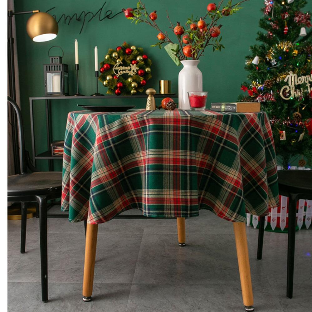 American Retro Christmas Plaid Tablecloth Round Rectangular Dining Tea Table Cover Holiday Decor