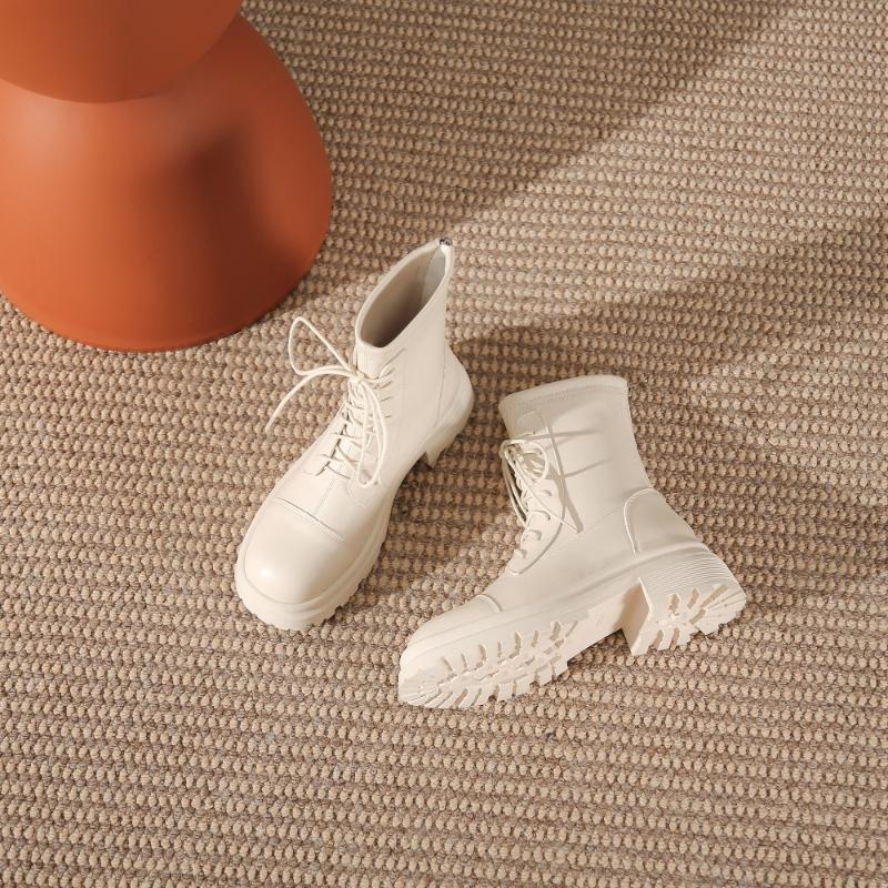 Women's High Heel Lace-Up Ankle Boots Thick Platform Chunky Heel Rear Zipper Long Boots White