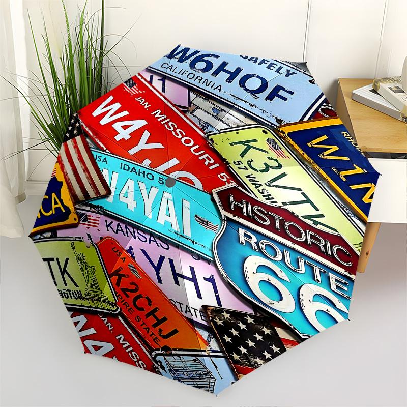 

License Plates, USA Themed Automatic Opening and Closing Umbrella, Brightly Colored 8-rib Portable Umbrella, Suitable for Men and Women, A P