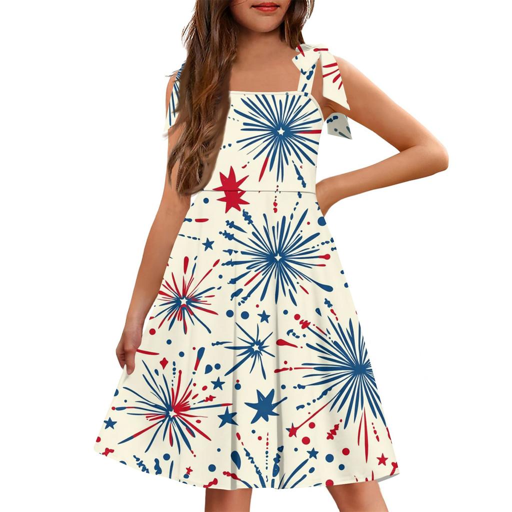 Children's Jumpsuit Cuffless Pocket Square Neck Casual Independence Day Print Dress