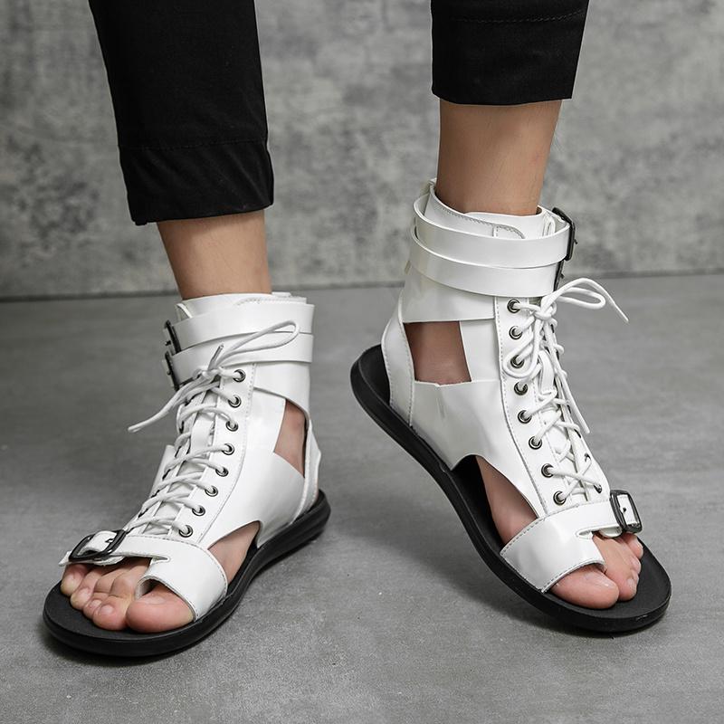 Hot Sale Luxury Men Roman Sandals Designer White Flat Sandals Men Open-toe Summer Shoes Man Comfortable Lace-up Leather Sandals