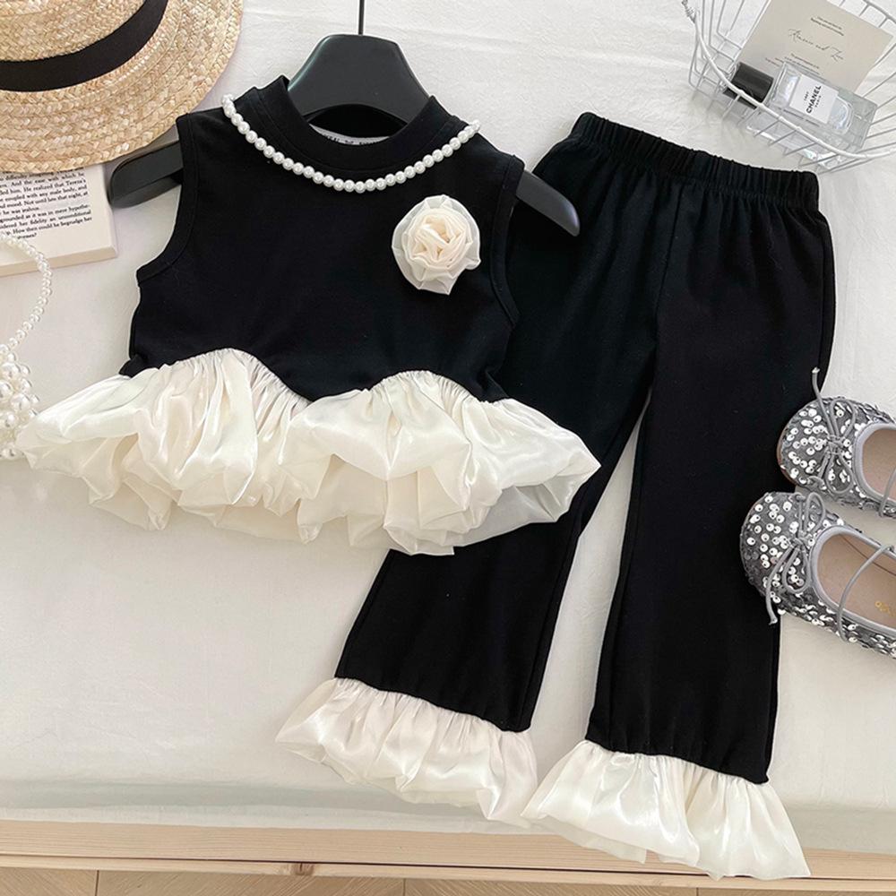 Girls' Korean Style Ruffle Tank Top & Flare Pants Set – Summer 2026 Trendy Two-Piece Outfit