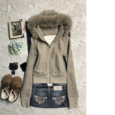 Manteau Punk Y2k Années 2000 Vintage Capuche à Col en Fausse Fourrure Fermeture Éclair Sweatshirts Femme Gothique Rayure Manteau Hot Girl Vestes d'Hiver Hip Hop