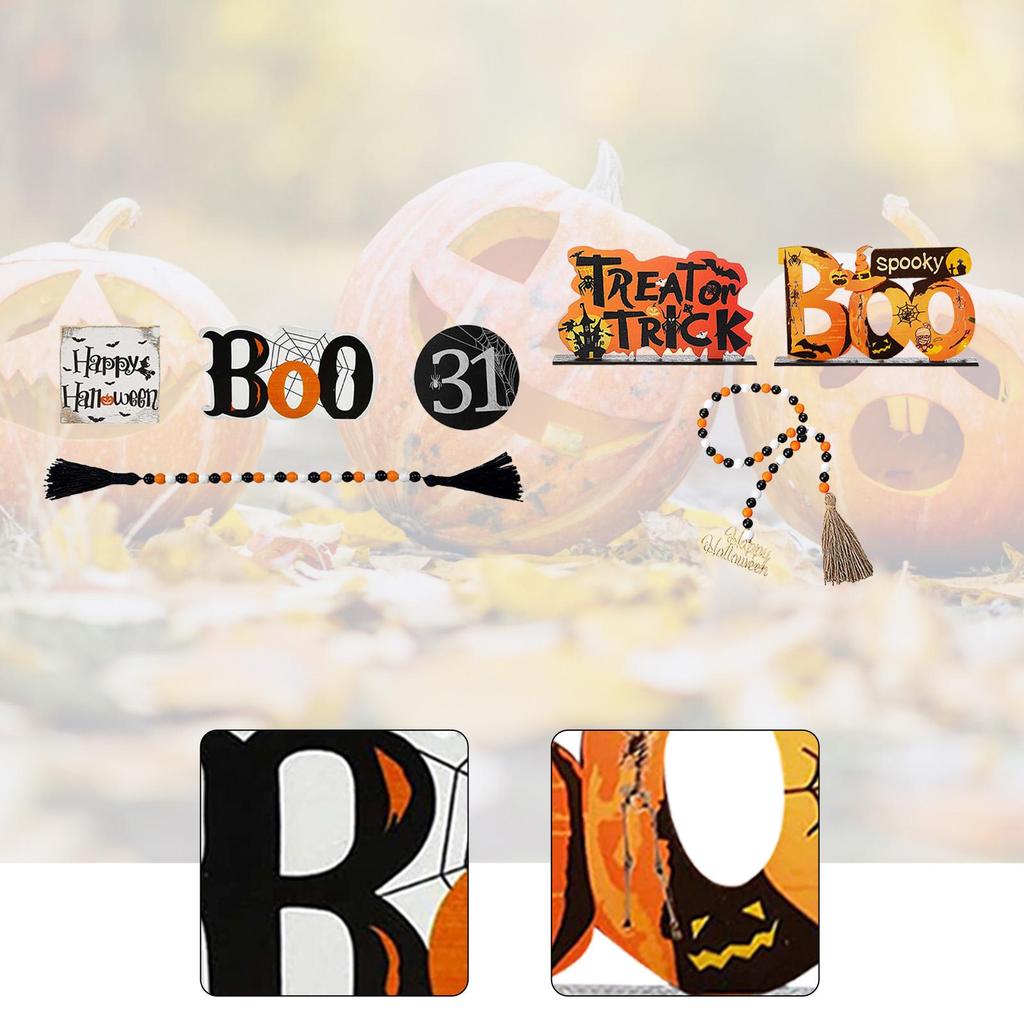 Halloween Tiered Tray Decor Bead Garland Creepy Ornament Spooky Rustic Halloween Decor Wooden Signs for House Showcase Shelf