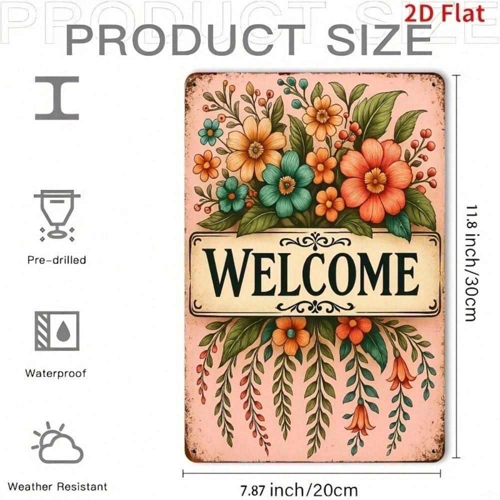 8x12 Inch Floral Welcome Sign Rustic Tin Metal Wall Art Vintage Spring Summer Garden Home Decor