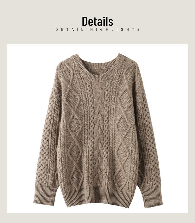 Women's Retro Loose Cable Knit Cashmere Sweater - Round Neck, High-End Texture, Autumn/Winter Base Layer.
