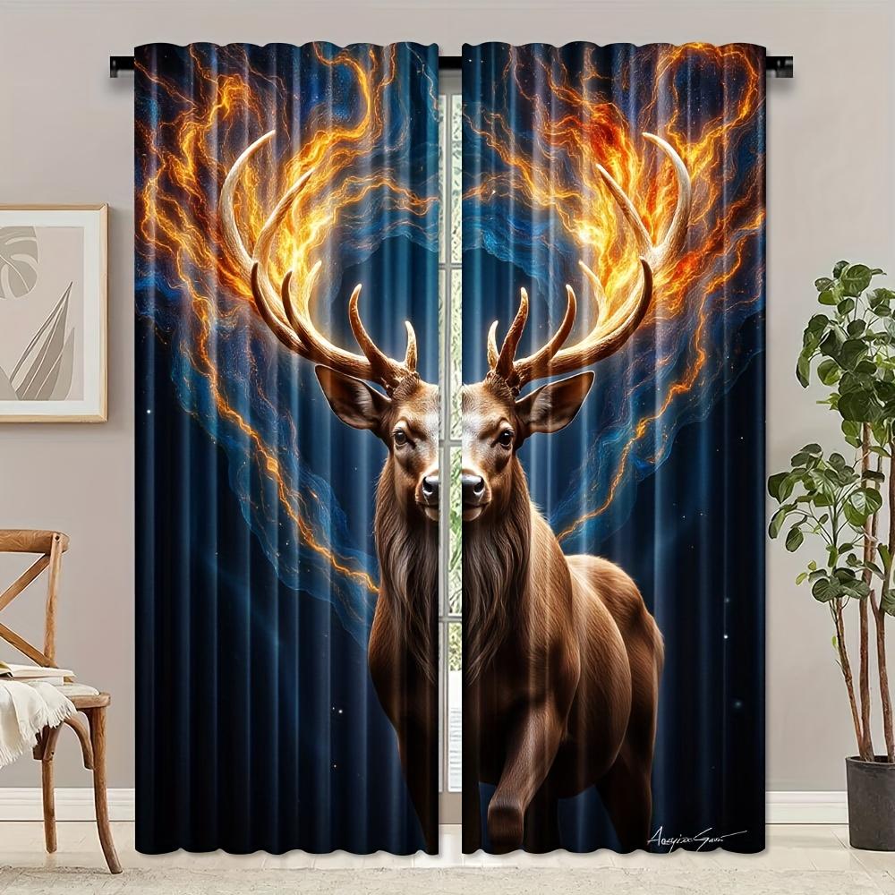 2pcs   Abstract Deer Galaxy Artistic Painting Design Polyester Curtains   HD Digital Print   Light Filtering Drapes for Bedroom   Li