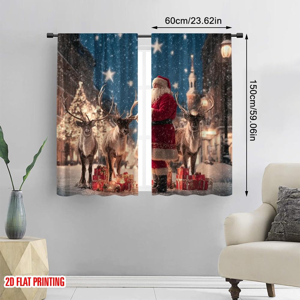 2pcs,2D Plane Printing Print Curtains Santa Claus and Reindeer Scene Durable 100% Polyester Fabric (without Rod) All Seasons for