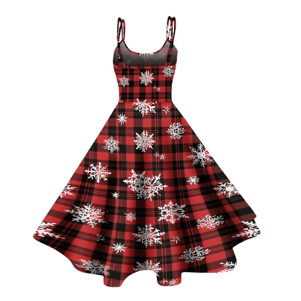 Women's Casual Sleeveless Dress with Christmas Print and Round Neck for Holiday Party
