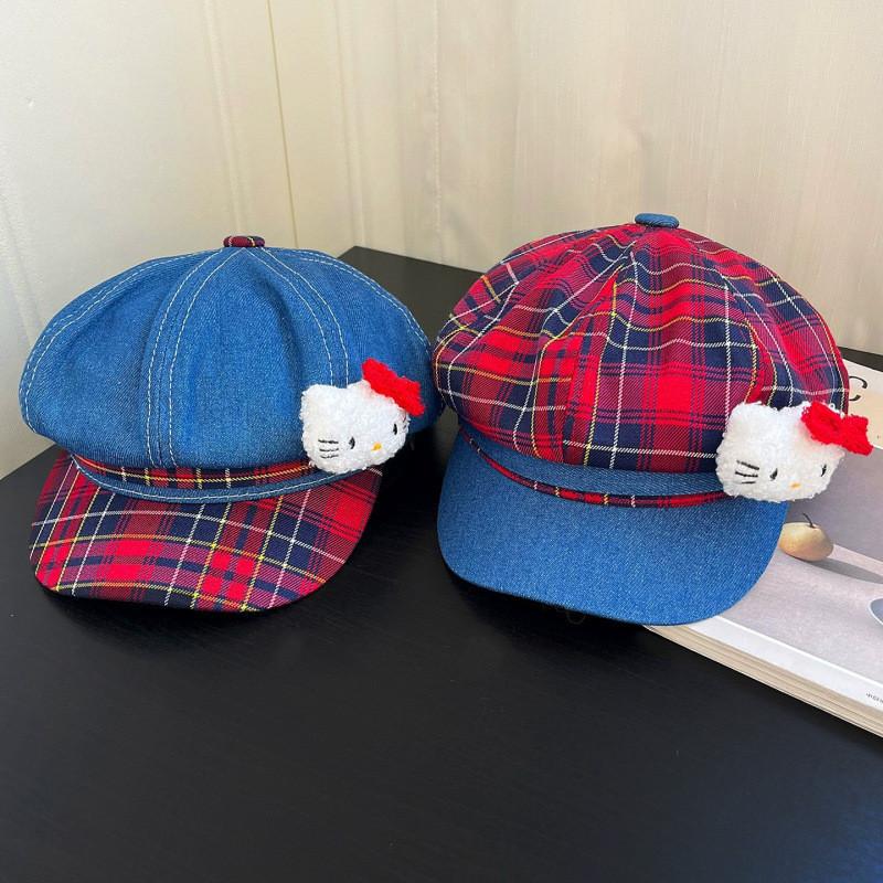 Hello Kitty Kt Cat Karriertes Cloche-Hut Mit Stickerei Für Sommerliche Freizeitkleidung