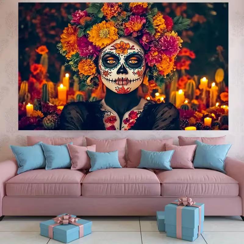 2D La Catrina Floral Crown Tapestry Día de los Muertos Background Cloth 47.2x31.5inch/120*80cm