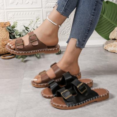 Mode Damen Hausschuhe Slipper Weiche Sohle Sandalen Runde Zehenpartie Doppelriemen-Sandalen Zehenfrei Bequeme Freizeitschuhe Pantoletten Damen