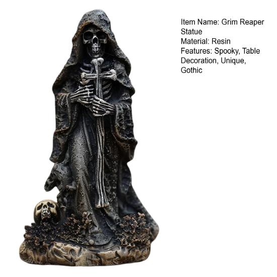 Grim Reaper Statue Halloween Black Horror Robe Sculpture Gothic Resin Santa Muerte Figurine for Halloween Indoor Bookshelf Desk Decor