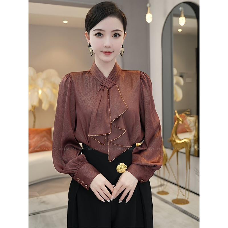 

Spring New French Style High-end Design Women s Loose Red Satin Long-sleeved Shirt Top M