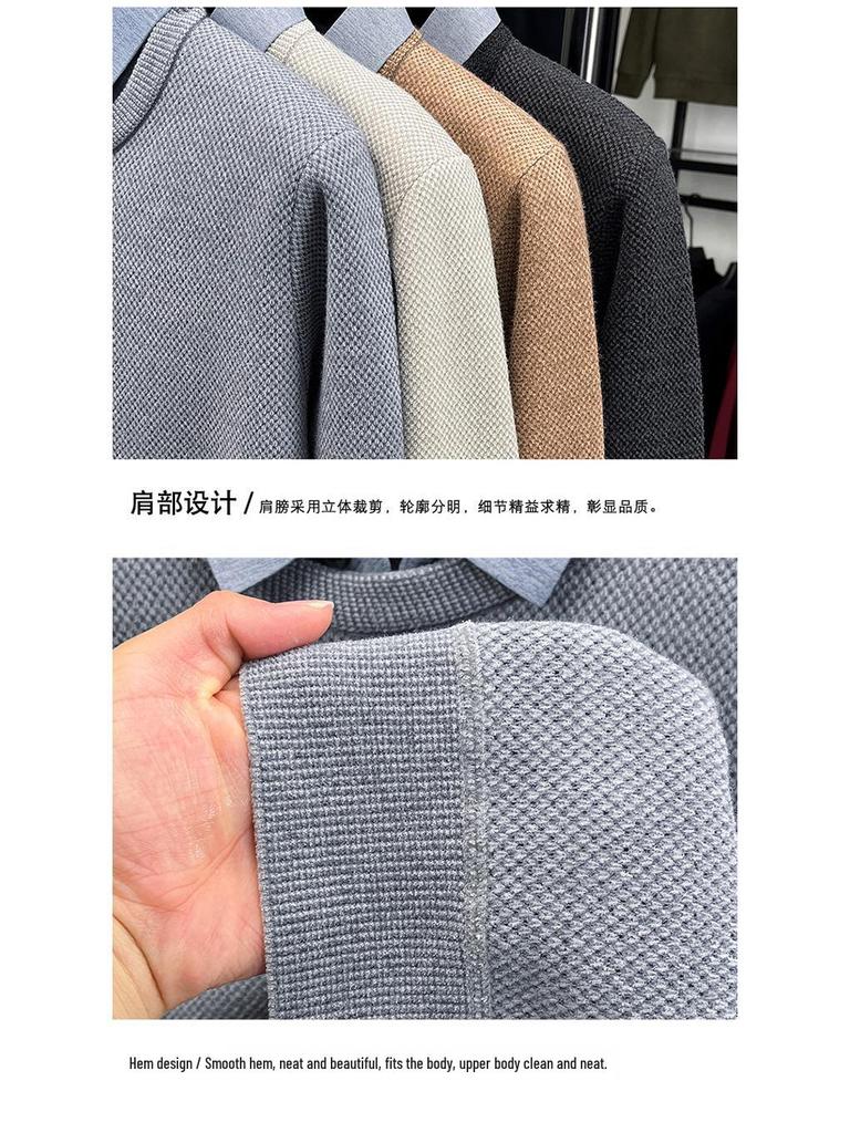 Men's Autumn/Winter Fleece-Lined Two-Piece Look Sweater with Business Shirt Collar