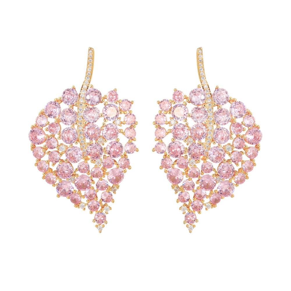 Celebrity Atmospheric Skinny Pink Hollow Leaf Earrings Needle Gold Zircon Earrings