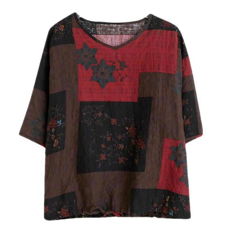 Women's Spring and Summer Plus Size Printing Loose Thin Short-sleeved Cotton V-neck Comfortable Blouse