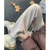 Women's Gray Herringbone Wool Pants, Autumn Winter, Plus Velvet, Narrow Wide-Leg Style, 2025.