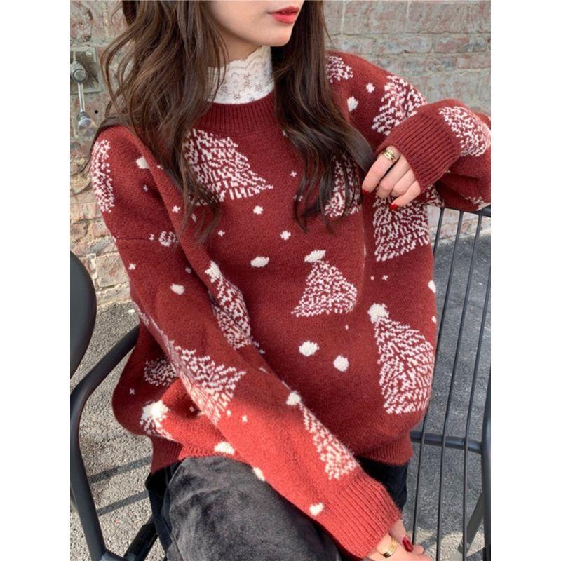 Autumn New Loose Slimming round Neck Super Popular Long sleeve Snowflake Christmas sweater Women Thick Warm Outer Wear Knit