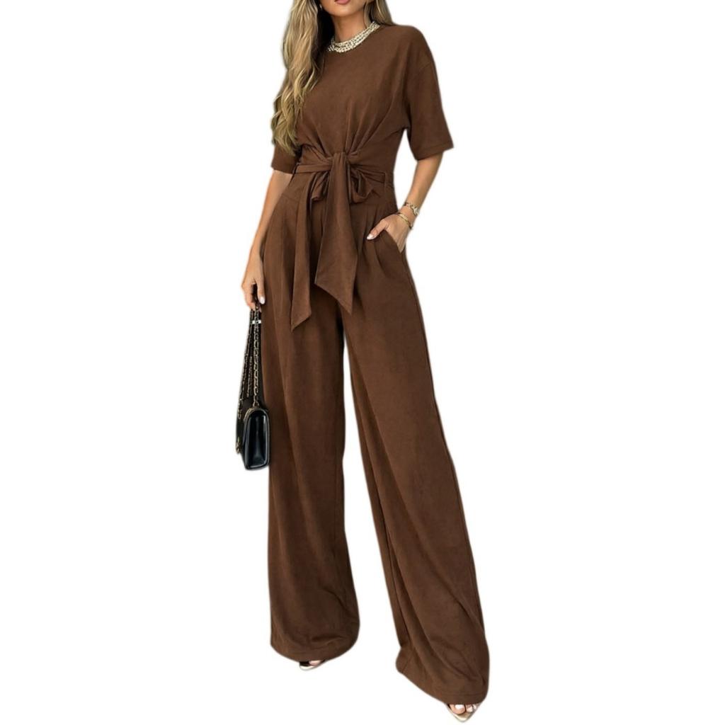 Conjunto de Pantalones Anchos de Corte Holgado con Top de Manga Corta y Cuello Redondo con Detalle de Lazo en la Cintura Conjunto Casual de Dos Piezas para Mujer