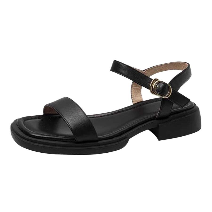 Fashion Leather Flat Sandals Women's Summer New Comfortable Soft Sole Thick Heel with Open Toe Roman Shoes