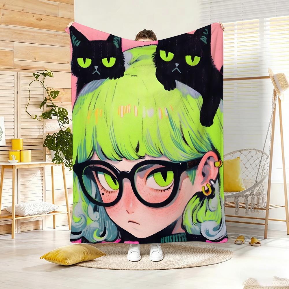 Artwork C-Cat Ear Girl Throw Lightweight 240g Flannel Blanket Soft Skin-friendly for Summer Cooling