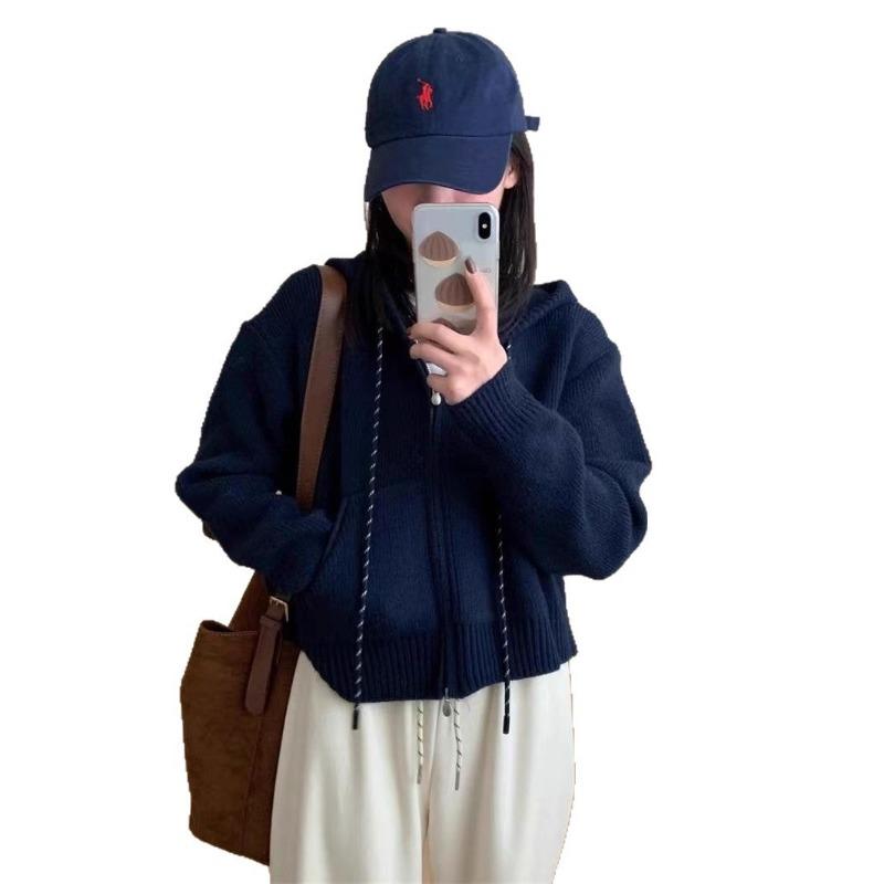 New Short Casual Pocket Design Double Zipper Long Sleeve Drawstring Hooded Knitted Cardigan Top Women