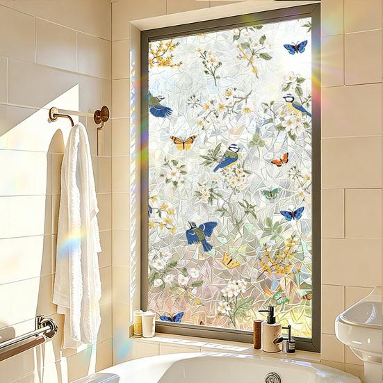 Buntglas Fensterfolie Regenbogen Floral Fenster Sichtschutzfolie Dekorativ Sonnenschutz Statisch Haftende Glasfolie für Haus Tür Fenster