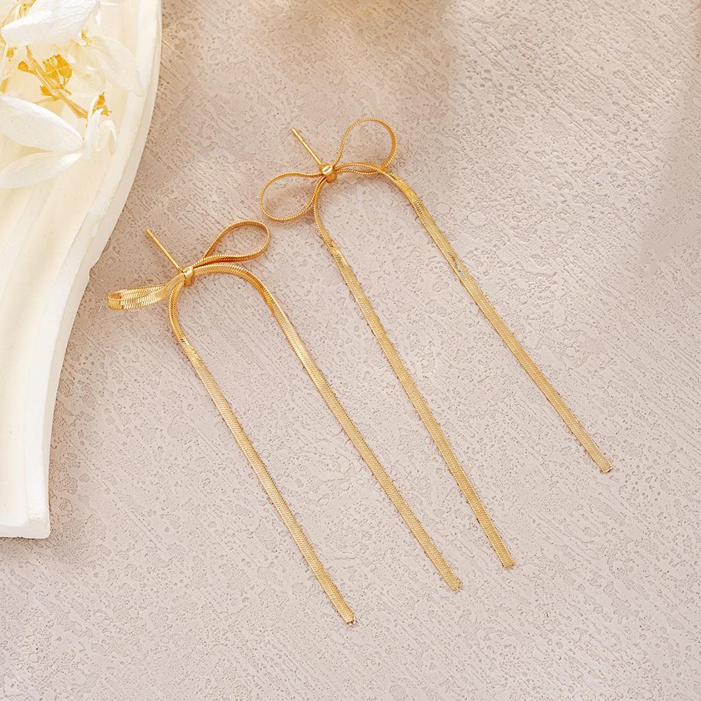 Fashion Bowknot Earrings for Women Vintage Simple Gold Silver Color Long Tassel Bow Drop Earrings Statement Jewelry Girls Gifts