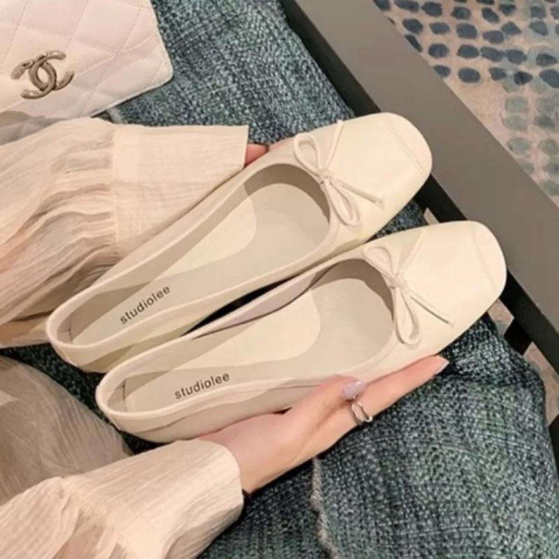 Fashion Square Ballet Shoes Women's 2024 New Sweet Flat Soft Bottom French Retro Genuine Leather Shallow Mouth Shoes Zapatillas Mujer