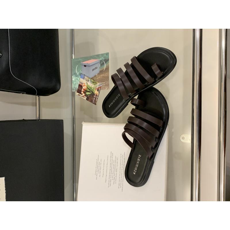 

2025 new summer wear flat Roman sandals woven flat French retro toe outer slippers women 39 коричневый