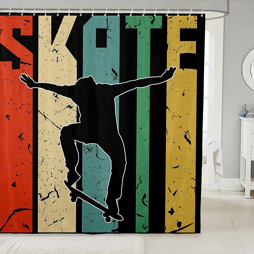 Jungen Skateboard Duschvorhang Bunter Graffiti Stil Badewannen Vorhänge mit Haken Skateboard Hip Hop Straßenkultur Badezimmer Vorhang