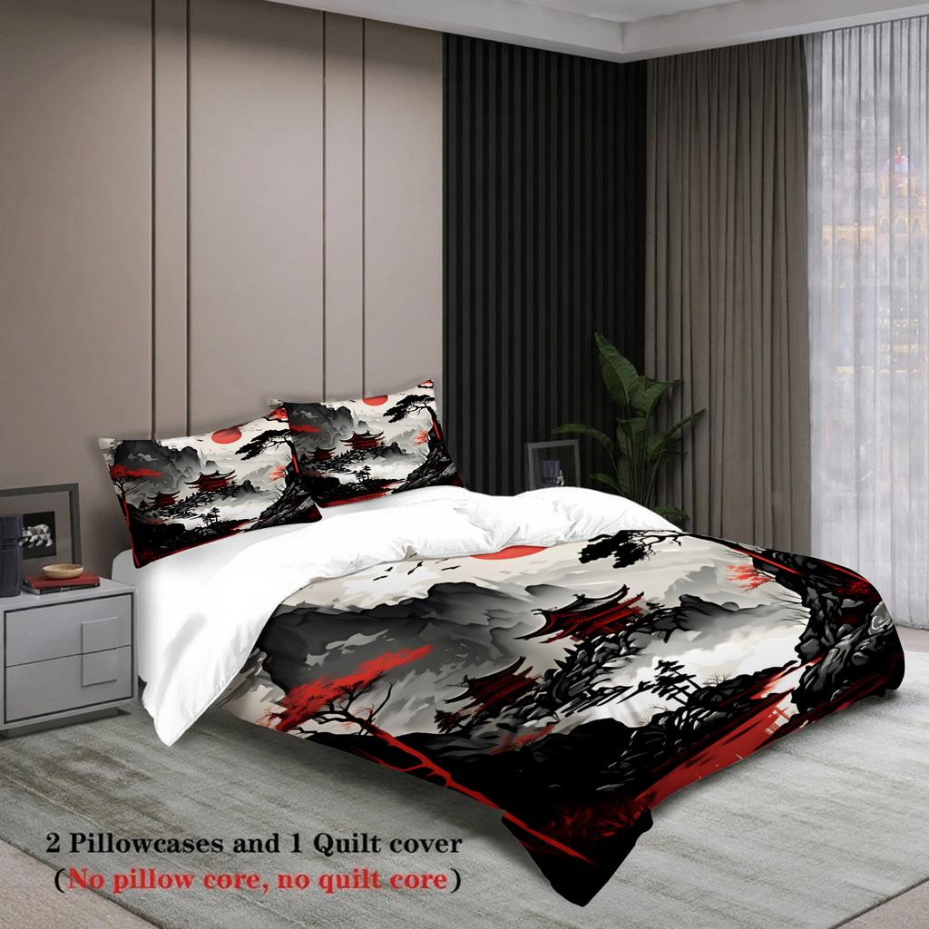 3pcs Japanese Landscape Bedding Sets 3D Printed Mountain Temple And Red Sun Duvet Cover Sets With Pillowcases No Filling