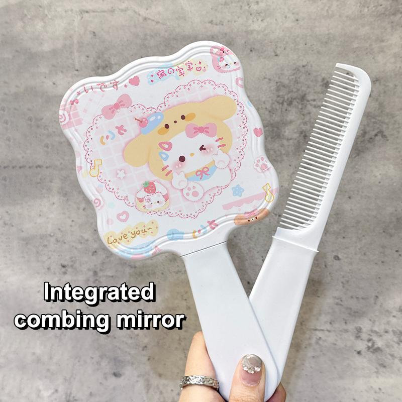 Sanrio Handheld Mirror With Comb Kawaii Hello Kitty Baby Pattern Mirror Comb Extracted Hair Brush Massage Styling Beauty Tool