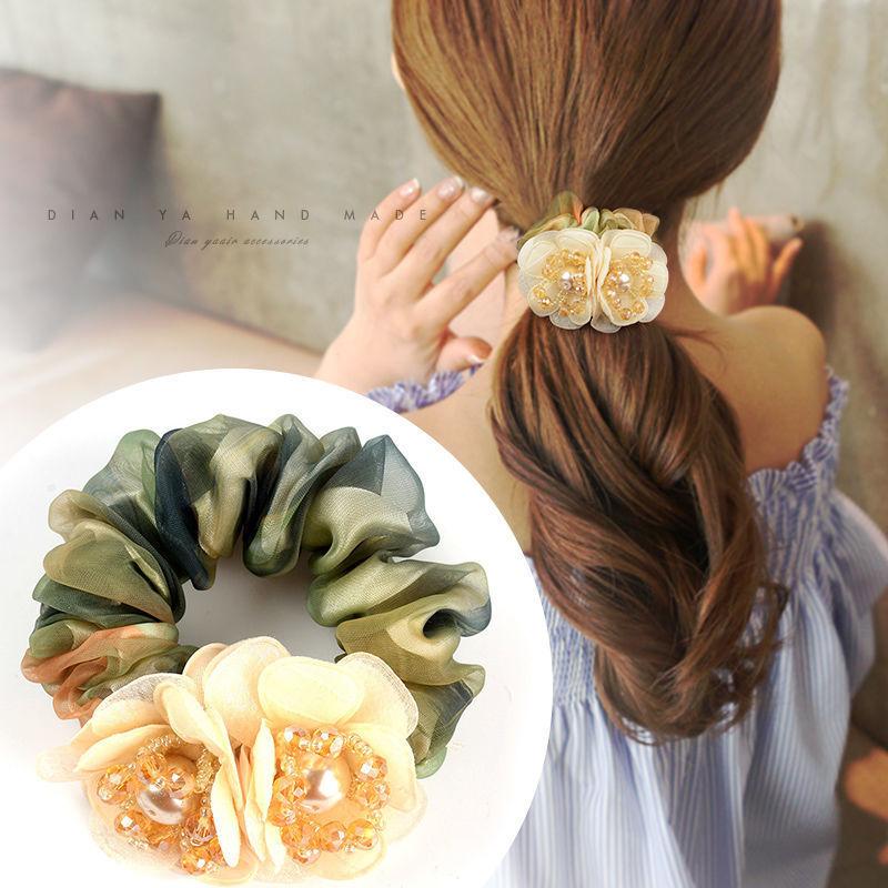 Korean Elegant Flower Scrunchies Women Girls Elastic Hair Rubber Bands Accessories Tie Hair Ring Rope Ponytail Holder Headdress