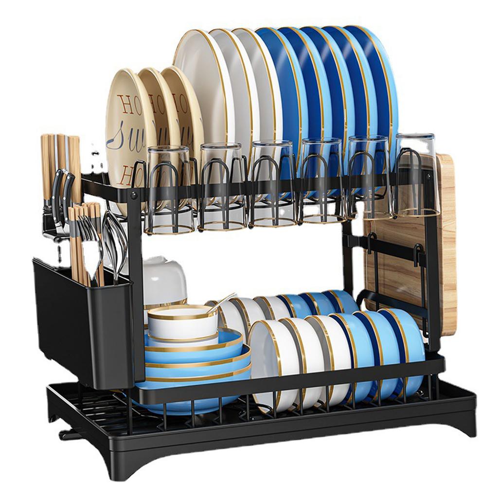 Dish Drying Rack for Countertop Aluminum 2 Tier Dish Rack with Drainboard and Utensil Holder for