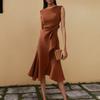Women's Round Neck Sleeveless Ruffle Dress Summer High Waist Slim A-Line Banquet Cocktail  Dresses