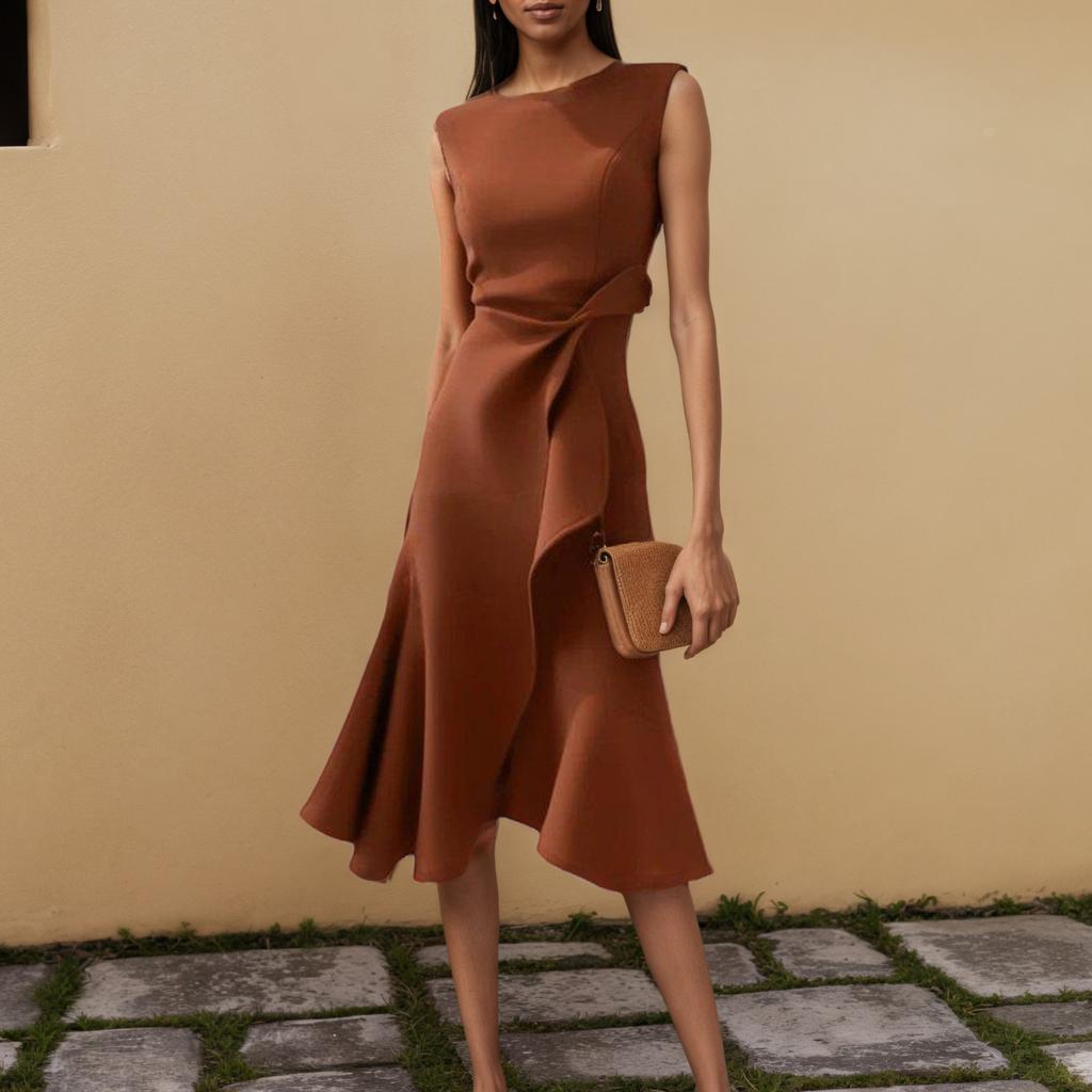 Women's Round Neck Sleeveless Ruffle Dress Summer High Waist Slim A-Line Banquet Cocktail  Dresses