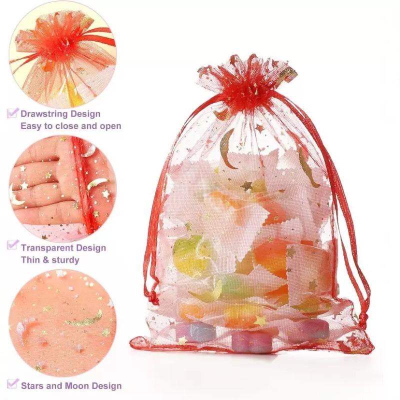 50-200pcs Moon Stars Drawstring Organza Bags Jewelry Gift Bags Pouches Gold Star Organza Favor Pouches for Christmas Wedding