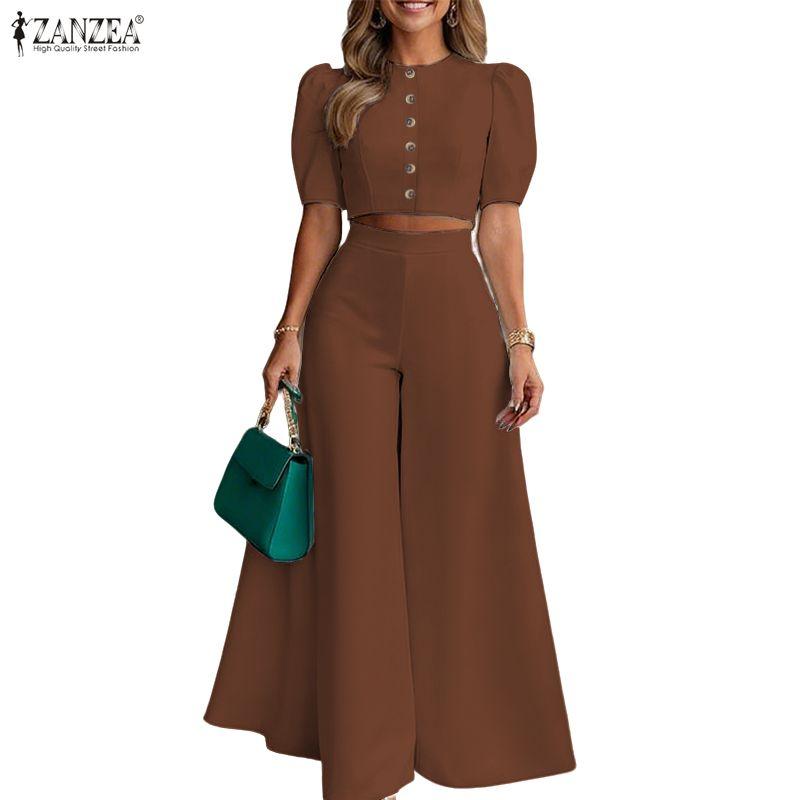 ZANZEA Women Short Sleeve Cropped Tops and Wide Leg Pants Casual Two Piece Suit Sets